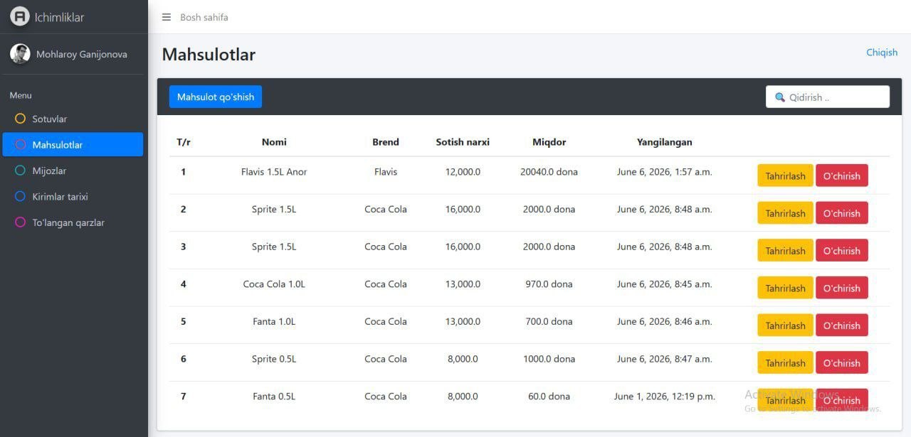 Inventory dashboard listing beverage products with prices, stock and edit actions