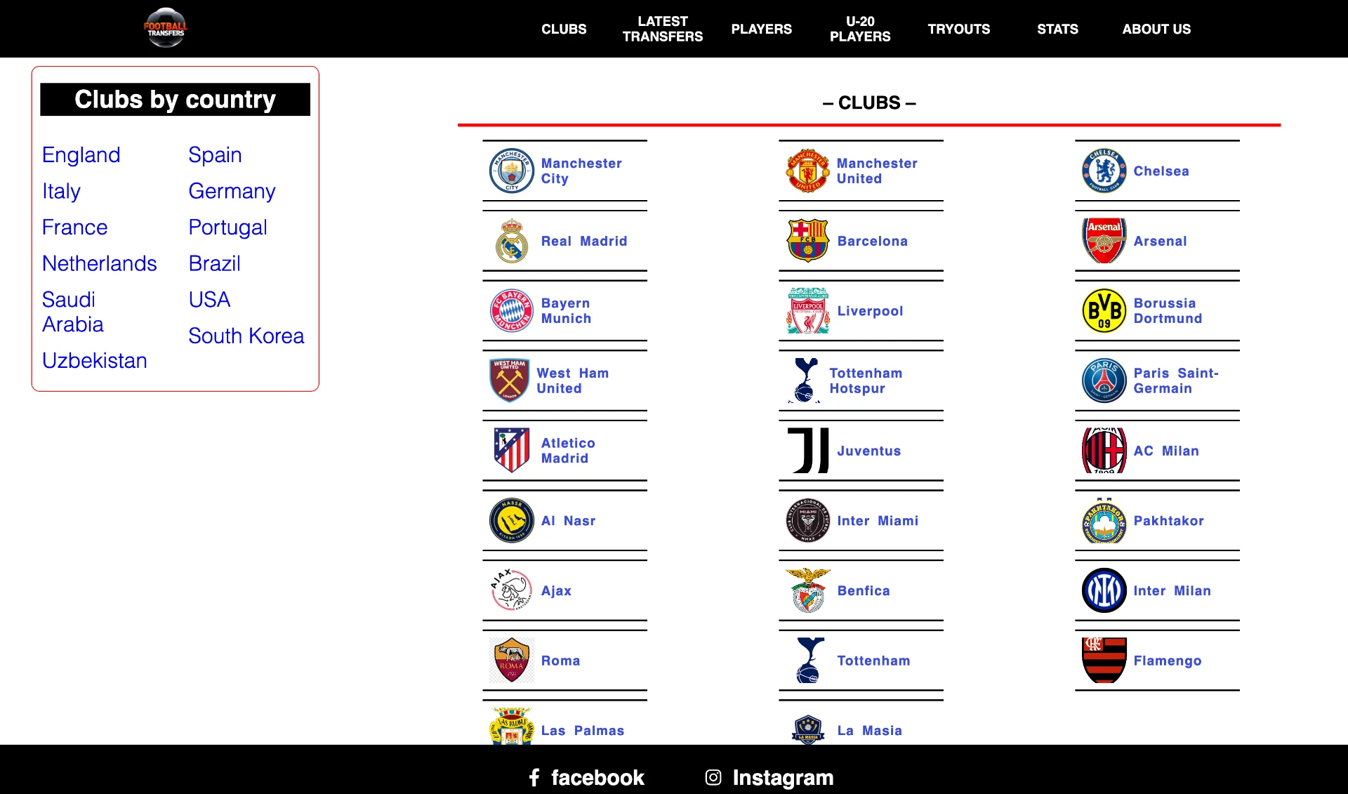 Football Transfers site listing clubs by country with team crests