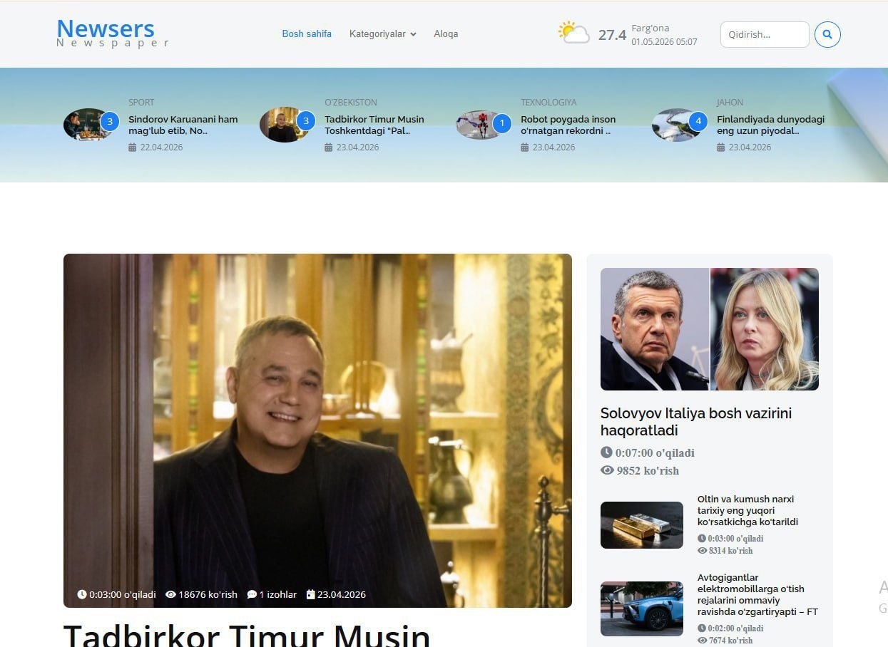 Newsers news platform homepage with categories, weather widget and featured articles