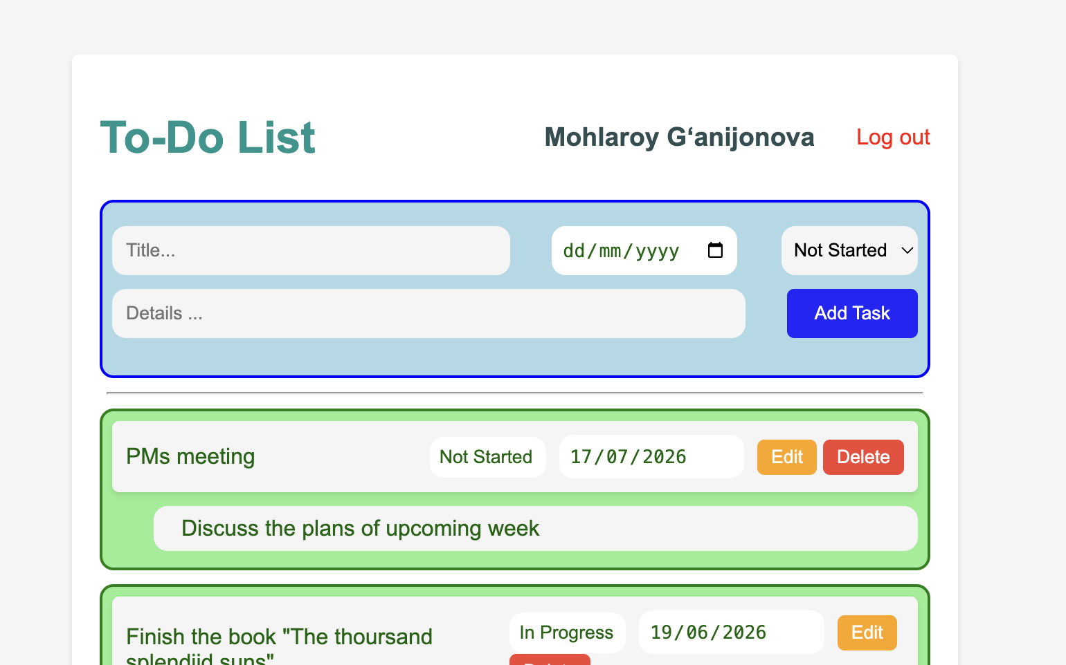 To-Do List app with task cards, statuses and add-task form